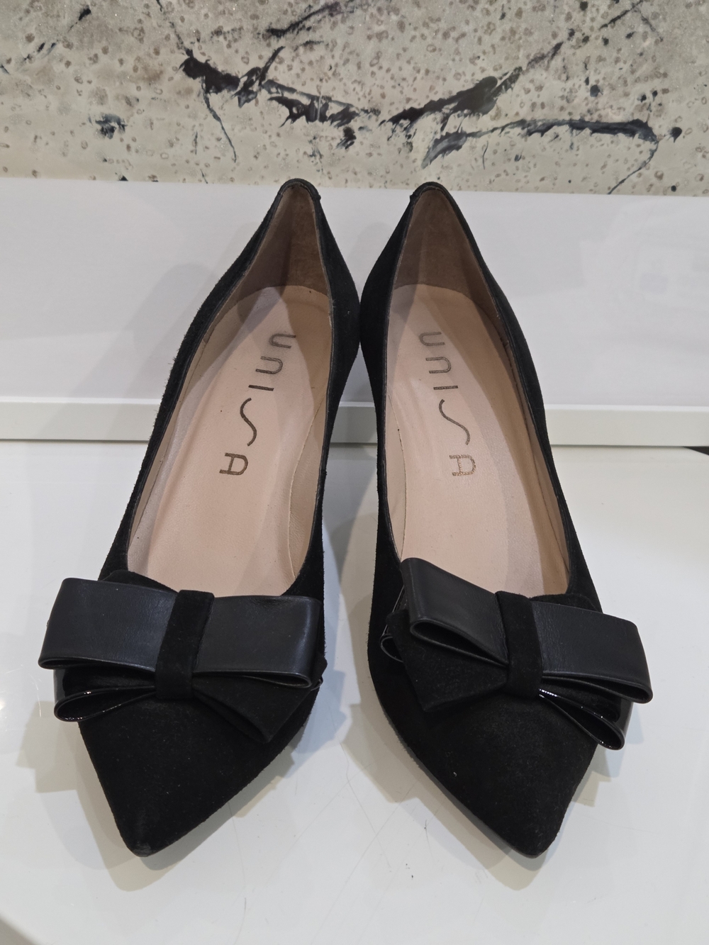 Unisa Black Pointed-Toe Flats with Bow Accent